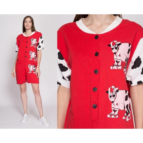 80s Retro Cow Romper - Medium to Large | Vintage Loungewear Playsuit Outfit - Picture 1 of 8